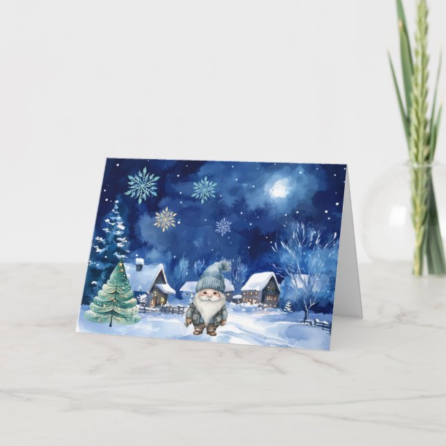 Whimsical Blue Gnome & Snowflakes Christmas Card (Front)