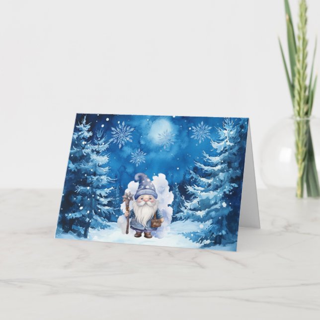 Whimsical Blue Gnome & Snowflakes Christmas Card (Front)