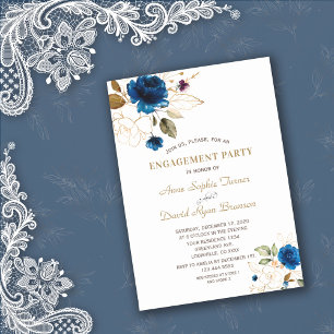 Whimsical Blue Gold Floral Monogram Engagement Invitation