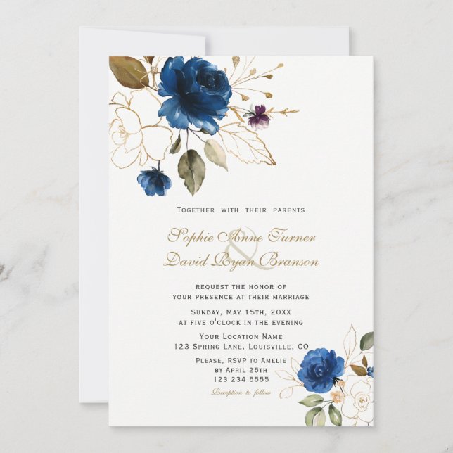 Whimsical Blue Gold Flowers Monogram Wedding Invitation (Front)