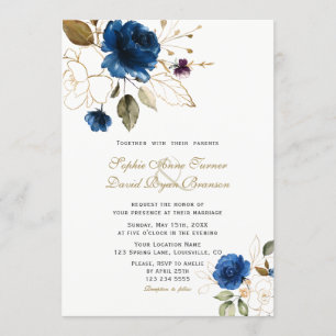 Whimsical Blue Gold Flowers Monogram Wedding Invitation