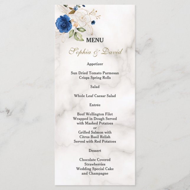Whimsical Blue Gold Flowers Monogram Wedding Menu (Front)