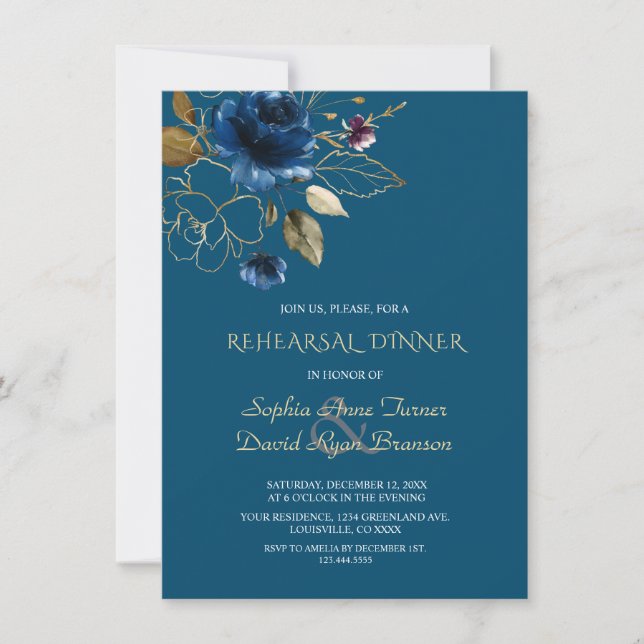 Whimsical Blue Gold Flowers Rehearsal Dinner Invitation (Front)