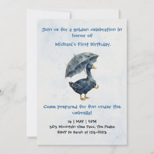 Whimsical Blue Gold Goose First Birthday Invitation