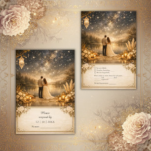 Whimsical Blue Gold Starry Night outdoor wedding RSVP Card