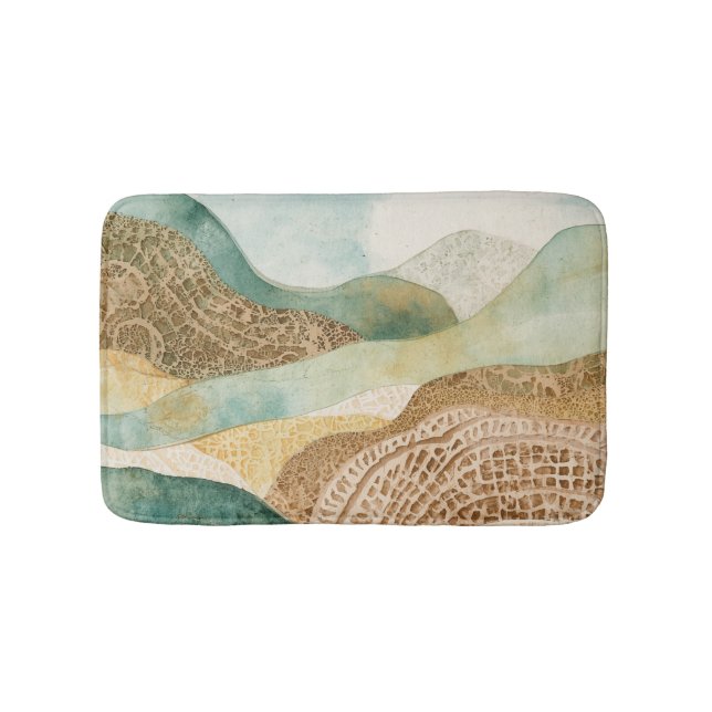 Whimsical Blue Green Brown Abstract Mountains Bath Mat (Front)