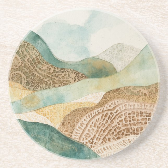 Whimsical Blue Green Brown Abstract Mountains Coaster (Front)
