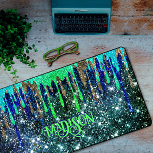 Whimsical blue green Glitter drips monogram Desk Mat