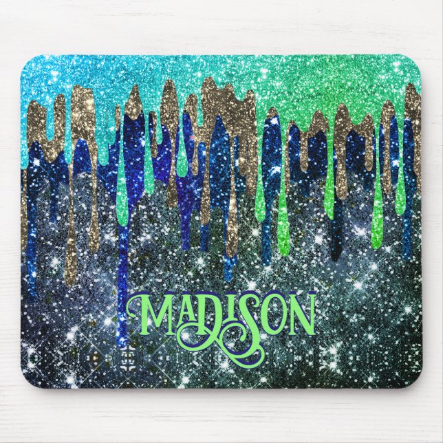 Whimsical blue green Glitter drips monogram Mouse Pad (Front)