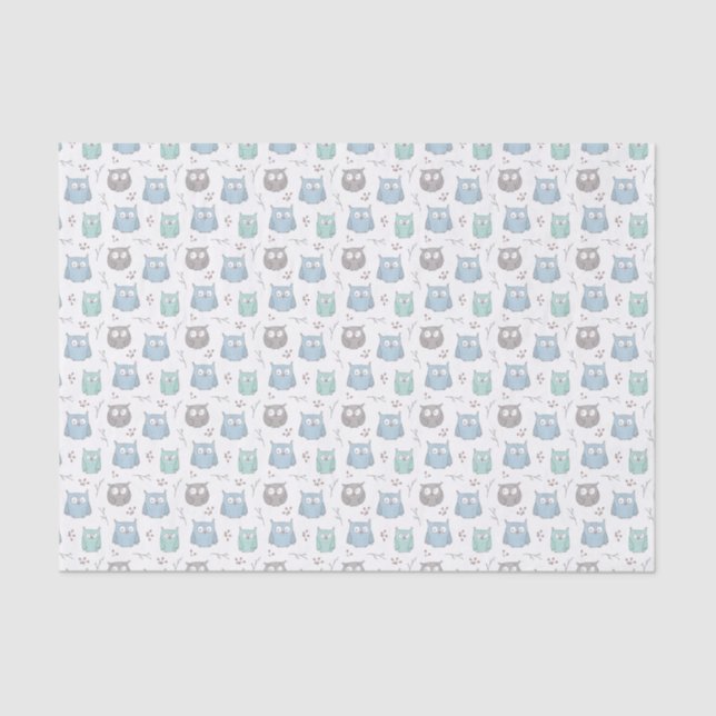Whimsical Blue Green Owls and Flowers Pattern Tissue Paper (Front)