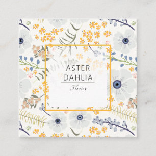 Whimsical Blue Grey Yellow Flowers Square Business Card