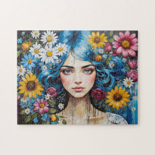 Whimsical Blue Hair Girl with Flowers Paint Drips Jigsaw Puzzle