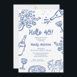 Whimsical Blue Hand Drawn 40th Birthday Party Invitation<br><div class="desc">Whimsical Blue Hand Drawn 40th Birthday Party Invitation

Bold and blue hand drawn birthday party invitation featuring some flowers,  champagne bottle,  glasses food and cherub. All text is editable making this a very versatile party template that can be used for any age.</div>