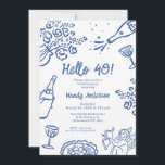 Whimsical Blue Hand Drawn 40th Birthday Party Invitation<br><div class="desc">Whimsical Blue Hand Drawn 40th Birthday Party Invitation

Bold and blue hand drawn birthday party invitation featuring some flowers,  champagne bottle,  glasses food and cherub. All text is editable making this a very versatile party template that can be used for any age.</div>
