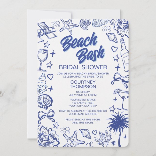 Whimsical Blue Hand Drawn Beach Bash Bridal Shower Invitation (Front)