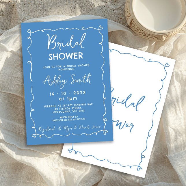 Whimsical Blue Hand Drawn Bridal Shower Invitation (Whimsical Blue Hand Drawn Bridal Shower Invitation, Doodle, White on Blue, Whimsical Bridal Shower)