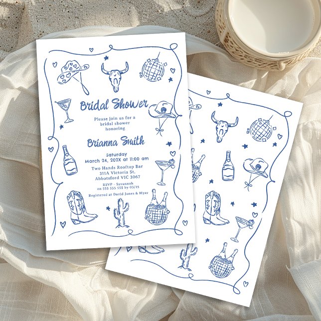 Whimsical Blue Hand Drawn Cowgirl Bridal Shower Invitation (Whimsical Blue Hand Drawn Bridal Shower Invitation, Western Cowgirl Disco Ball Cowgirl Boots)