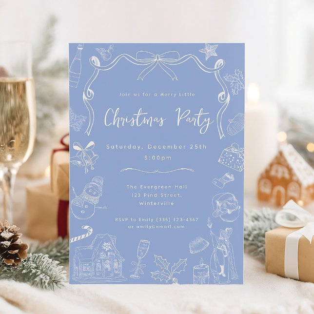Whimsical Blue Hand Drawn Festive Christmas Party Invitation (Creator Uploaded)