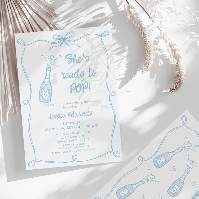Whimsical Blue Hand Drawn Ready To Pop Baby Shower Invitation (Whimsical She's Ready To Pop Baby Shower Invitation for Boy Bow Frame Popping Champagne Bottle )