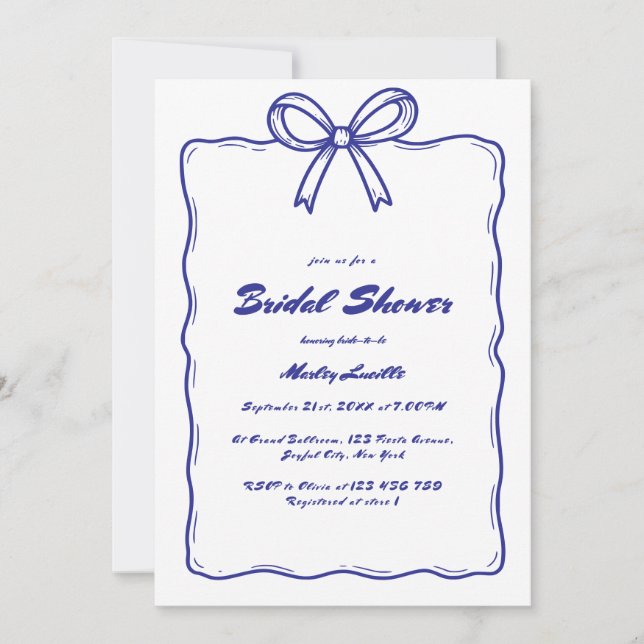 Whimsical Blue Hand Drawn Ribbon Bow Bridal Shower Invitation (Front)