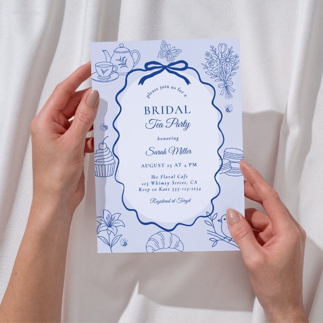 Whimsical Blue Hand Drawn Tea Party Bridal Shower Invitation (Creator Uploaded)