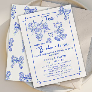 Whimsical Blue Hand Drawn Tea Party Bridal Shower  Invitation