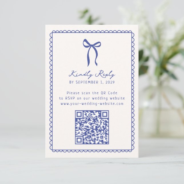 Whimsical, blue Hand drawn Wedding QR code Rsvp  Card (Standing Front)