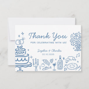 Whimsical Blue HandDrawn Doodles Wedding Thank You
