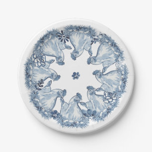 Whimsical Blue Hen Chicken, Nest Watercolor Delft Paper Plate