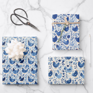 Whimsical Blue Hen Pattern with Floral Elements Wrapping Paper Sheet