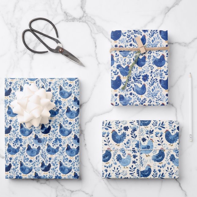 Whimsical Blue Hen Pattern with Floral Elements Wrapping Paper Sheet (Front)