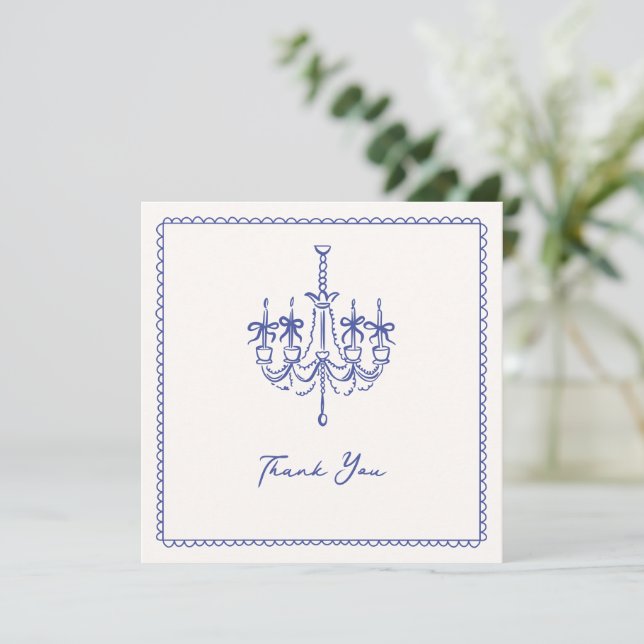 Whimsical, blue illustrative wedding thank you  card (Standing Front)