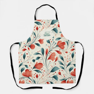 Whimsical Blue Leaf & Red Floral Pattern Apron