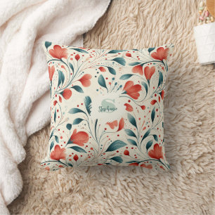 Whimsical Blue Leaf & Red Floral Pattern Cushion
