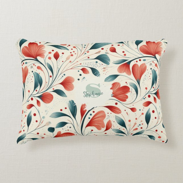 Whimsical Blue Leaf & Red Floral Pattern Decorative Cushion (Front)