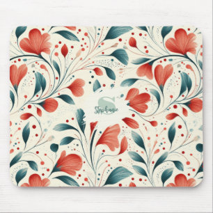 Whimsical Blue Leaf & Red Floral Pattern Mouse Pad