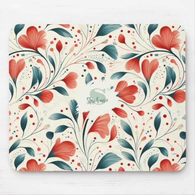 Whimsical Blue Leaf & Red Floral Pattern Mouse Pad (Front)