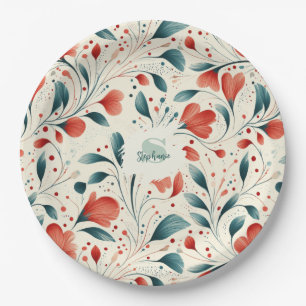 Whimsical Blue Leaf & Red Floral Pattern Paper Plate