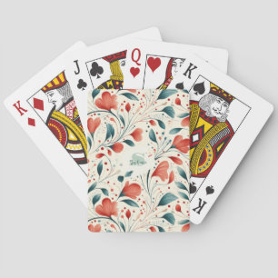 Whimsical Blue Leaf & Red Floral Pattern Playing Cards