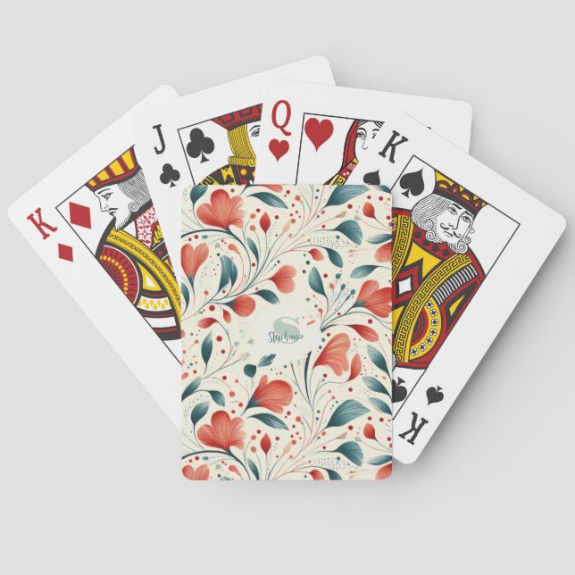 Whimsical Blue Leaf & Red Floral Pattern Playing Cards (Back)