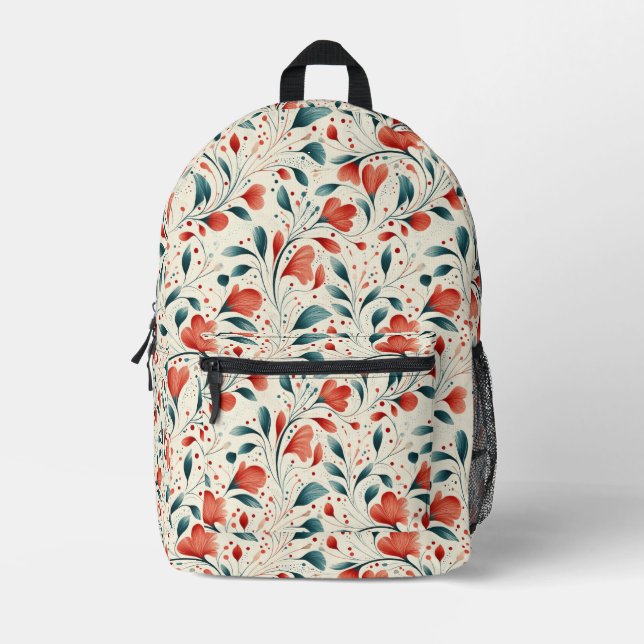 Whimsical Blue Leaf & Red Floral Pattern Printed Backpack (Front)