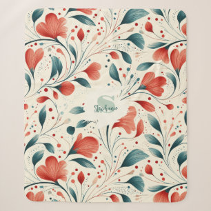 Whimsical Blue Leaf & Red Floral Pattern Sherpa Blanket