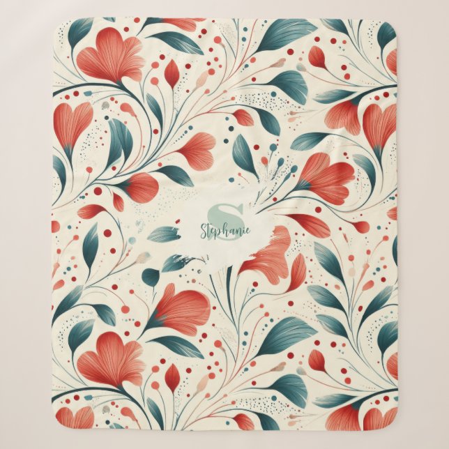 Whimsical Blue Leaf & Red Floral Pattern Sherpa Blanket (Front)