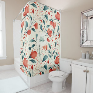 Whimsical Blue Leaf & Red Floral Pattern Shower Curtain