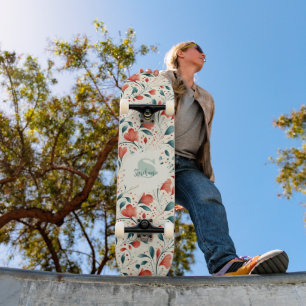 Whimsical Blue Leaf & Red Floral Pattern Skateboard