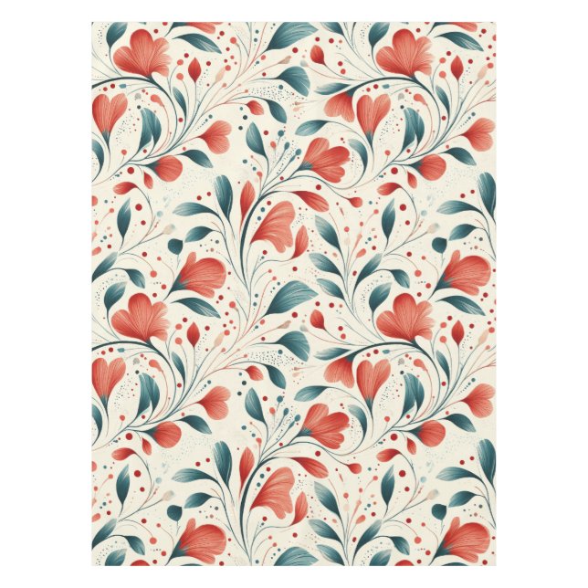Whimsical Blue Leaf & Red Floral Pattern Tablecloth (Front)