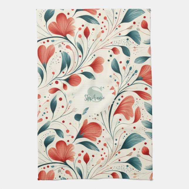 Whimsical Blue Leaf & Red Floral Pattern Tea Towel (Vertical)