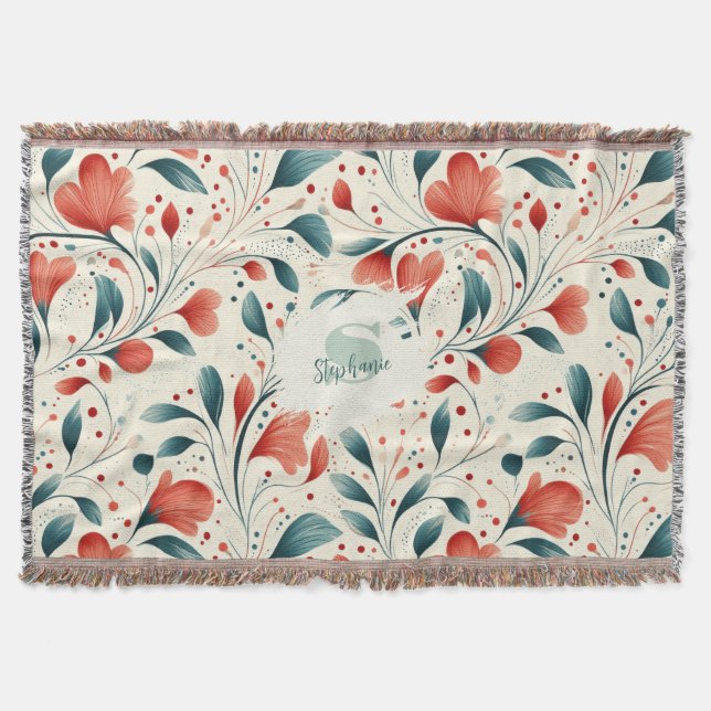 Whimsical Blue Leaf & Red Floral Pattern Throw Blanket (Front)