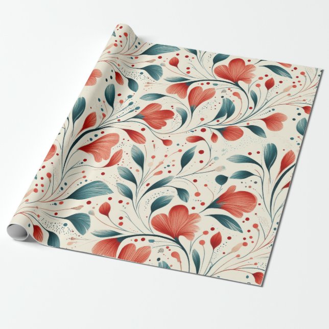 Whimsical Blue Leaf & Red Floral Pattern Wrapping Paper (Unrolled)