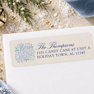Whimsical Blue Merry Christmas Personalised Return Address Label